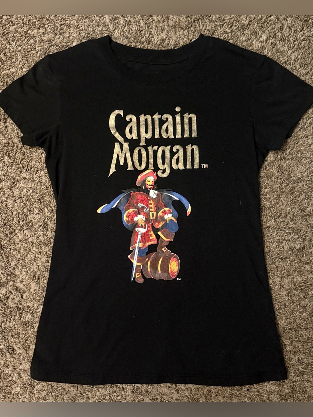 Captain Morgan Woman’s Black Graphic Tee with Metallic & Colorful Pirate Print
